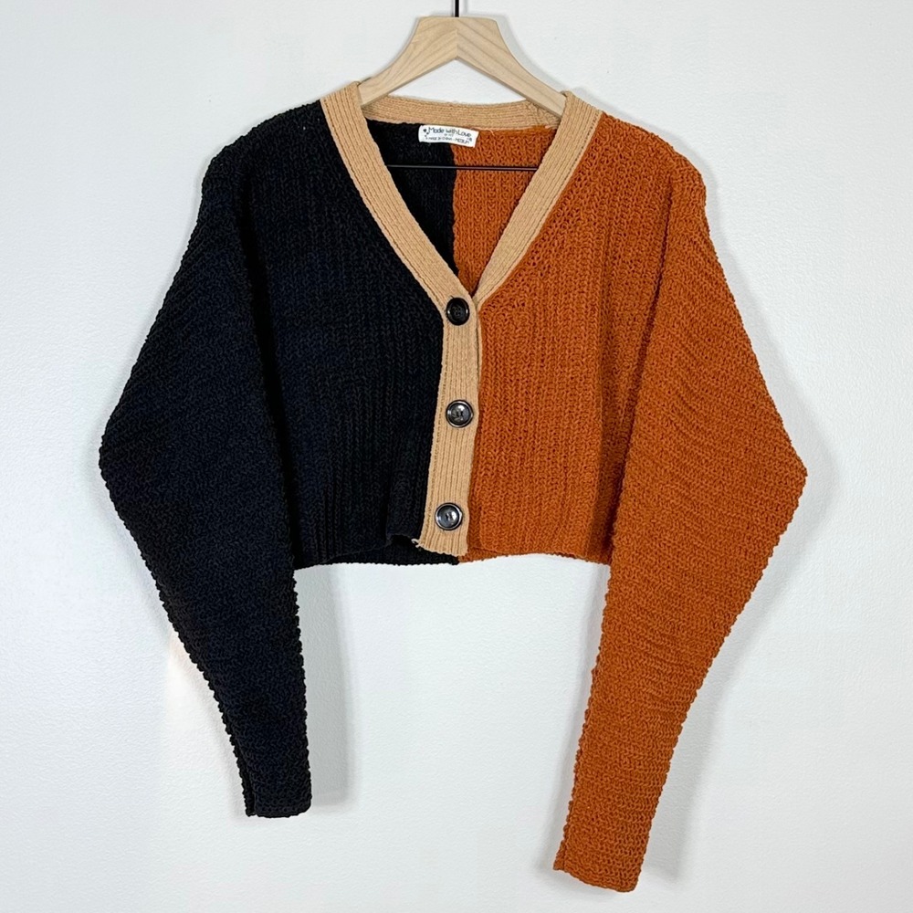 Made With Love By FCT Women Colorblock Cropped Cardigan M Black Burnt Orange Y2K